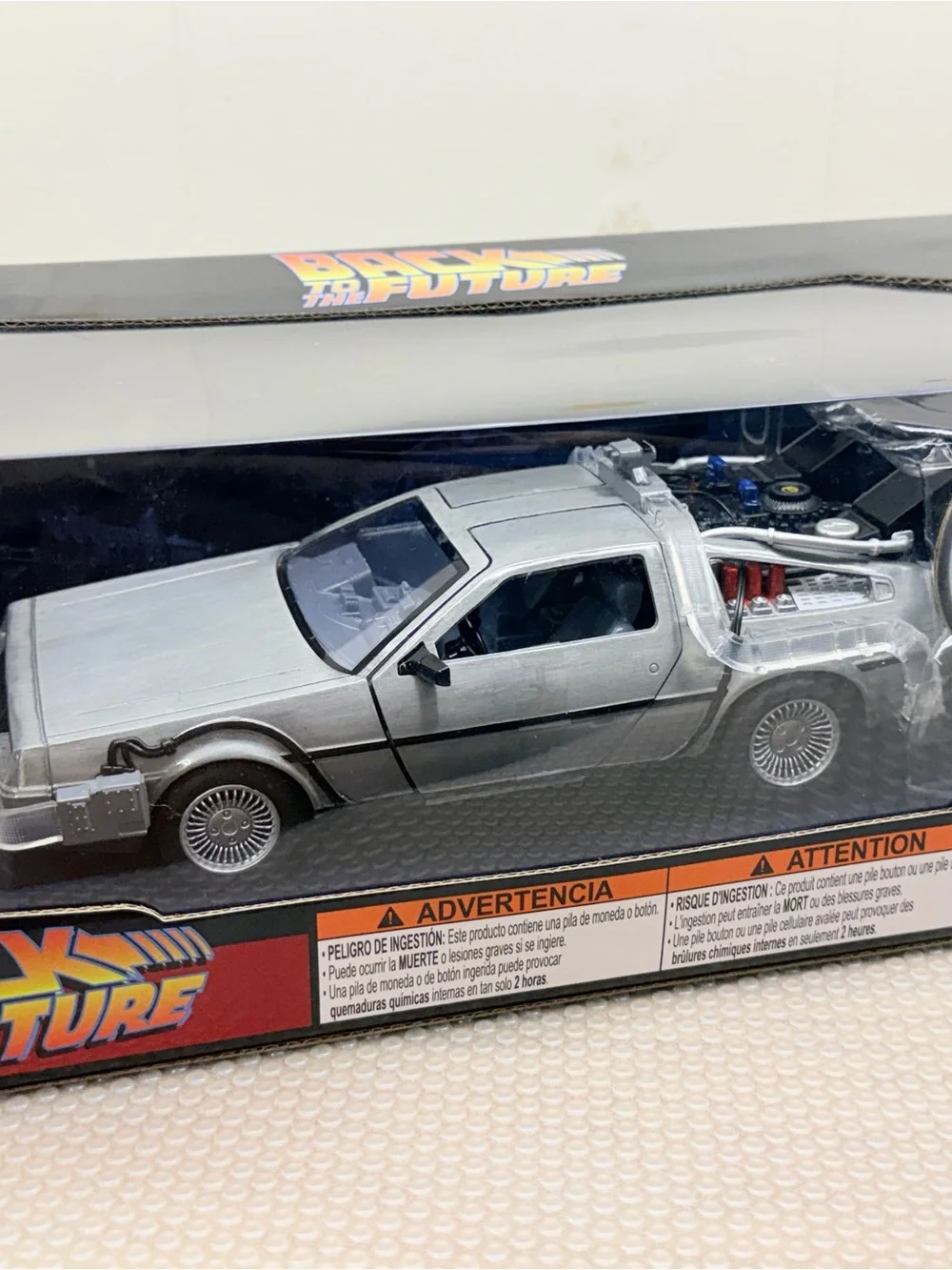 Die-Cast Silver Time Machine Toy Car with Blue LED Lights